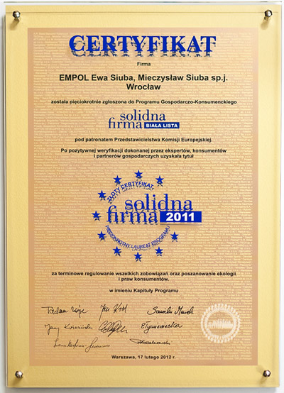 Złoty certyfikat Solidna firma